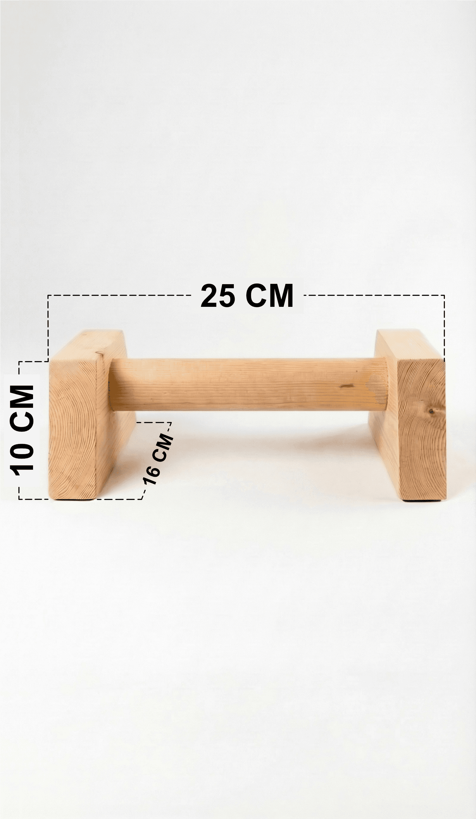 Enkelt parallette med mål: 25 cm lengde, 10 cm høyde, 16 cm grep